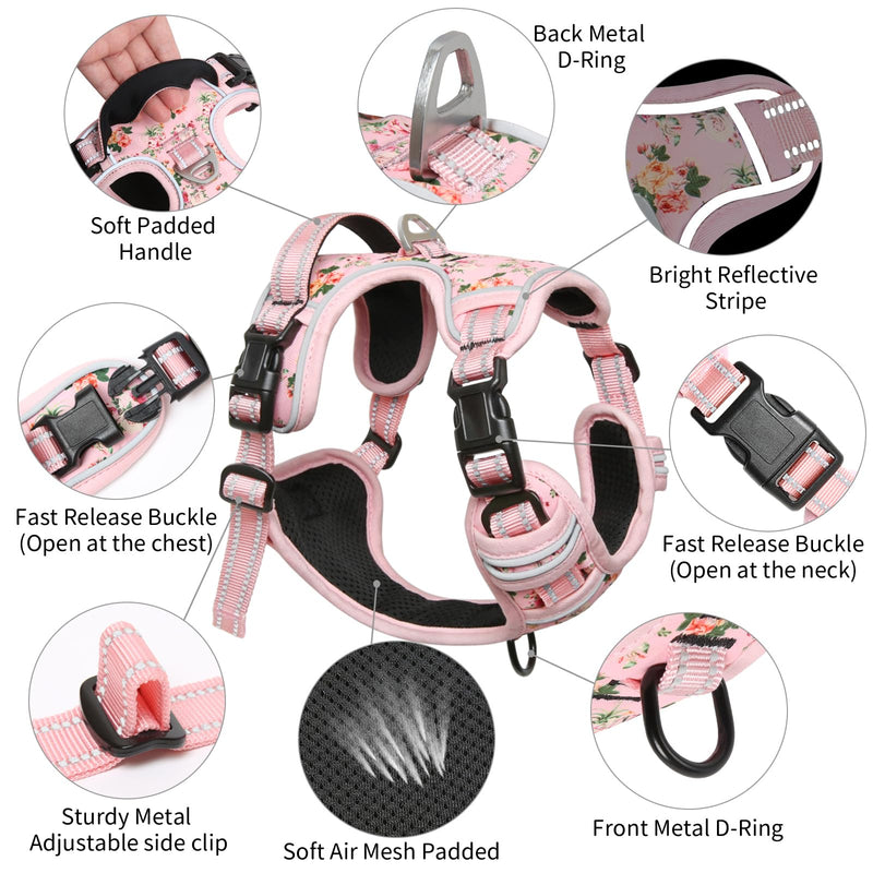 Timos No Pull Dog Harness, Release at Neck Reflective 3 Snap Buckles Adjustable No Choke Pet Vest with Front & Back 2 Leash Clips, Soft Padded Control Training Handle for Small Medium Large Dogs Medium (Pack of 1) Normal-Pink - PawsPlanet Australia