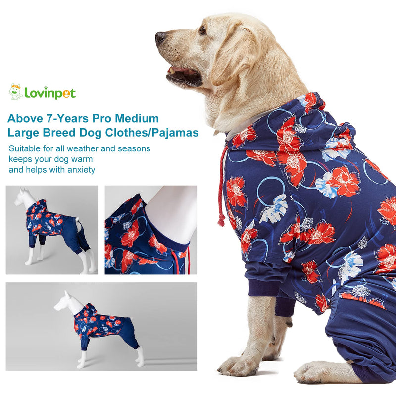 LovinPet Big Dogs Breeds Jammies, Wound Care/Post Surgery Clothes, Pet Anxiety Onesies for Dogs, Lightweight Stretchy, Large Breed Dog Pajamas, Reflective Stripe, Floral Navy & Red Print, Pet PJ's/XL X-Large Blue
