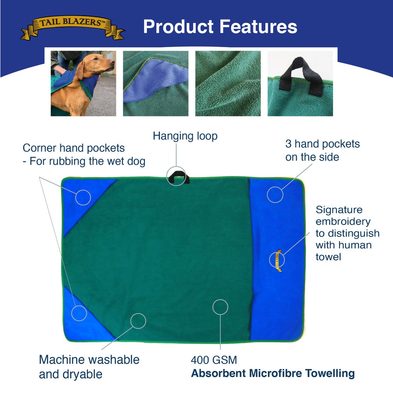 Super Absorbent Microfiber Dog Towel. Extremely Absorbent, Ultra Soft Quick Dry Towel. Dogs Accessories for Grooming. Cat, Horse, Dog Dryer Featuring Hand Corner Pockets. L 80x120cm Green Large