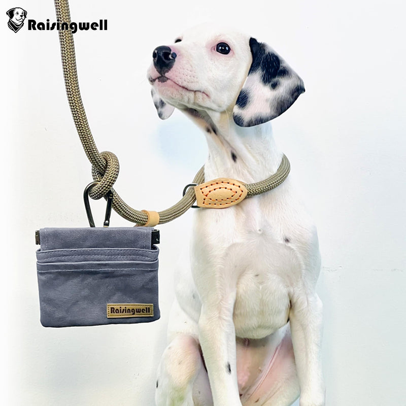 Dog Treat Pouch, Small Cotton Pocket Sized Training Holder, Hand Free Walking Fanny Bag with Carabiner, Self-Closing Pet Feed Snack Reward, Behavior Aids for Puppy Travel or Outdoor (Grey) Grey - PawsPlanet Australia