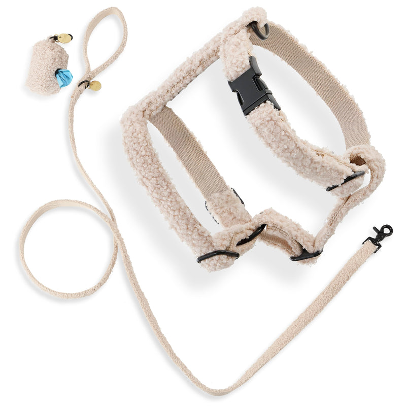 WLK1001A-4SET Teddy Small Bouclé Adjustable H Harness and Leash Walk Set with Poop Bag Pouch, Camel Beige Small (Chest: 11.3 - 19") - PawsPlanet Australia