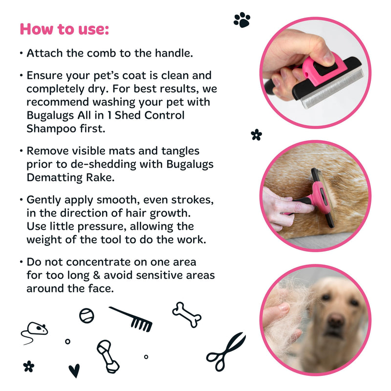 Bugalugs Deshedding brush for dogs, cats, horses & pets. Professional pet comb brushes for grooming for short to long hair undercoat rake brush. Reduces shedding