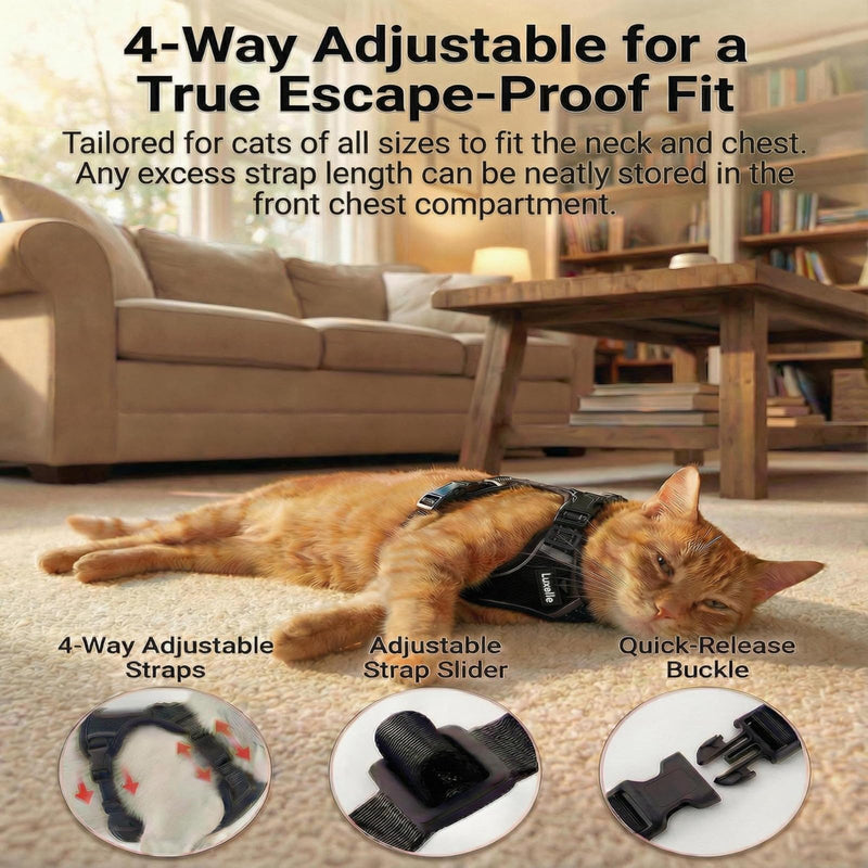 Luxelle Escape-Proof Cat Harness and Leash Set – Adjustable No Pull Soft Vest with 360° Reflective Straps, Built-in Pocket & Wrist Strap, Breathable Mesh Outdoor Harness Black XS