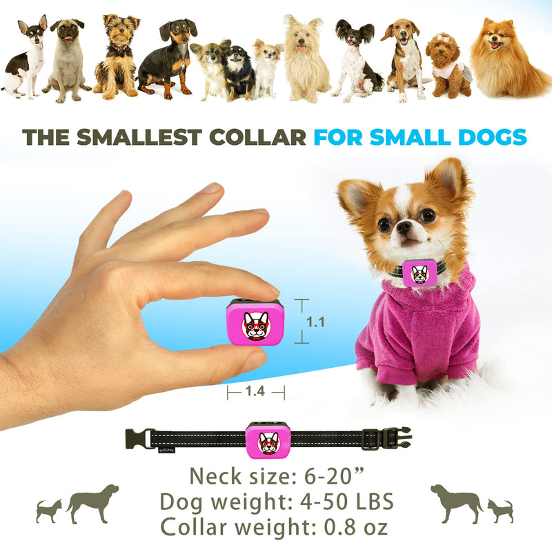 Small Dog Bark Collar Rechargeable – Smallest Bark Collar for Small Dogs 5-15lbs - Most Humane Stop Barking Collar - Dog Training No Shock Anti Bark Collar - Pet Bark Control Device (Pink) Pink