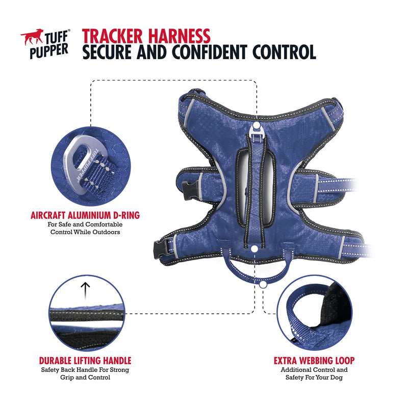 Tuff Pupper Updated for 2024 - Tracker No Escape Dog Harness | Dual Escape Proof Leash Attachments | 5 Point Adjustable Fit Harness for Dogs | Padded Dog Harness for Comfort | Handle Dog Lift Harness Large (Neck: 20-25" , Chest: 25-33") Midnight Blue - PawsPlanet Australia