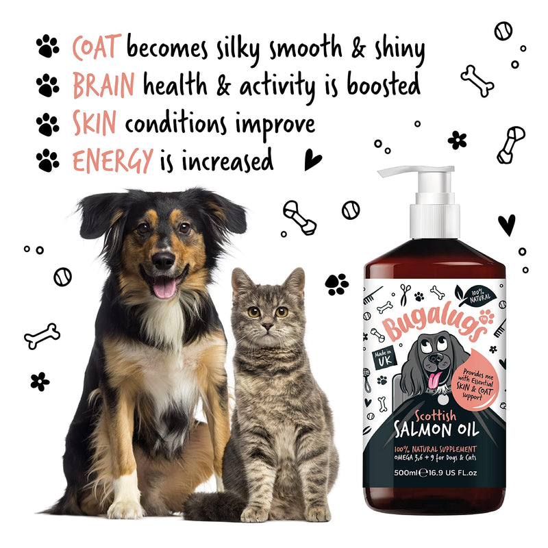 Bugalugs Scottish Salmon Oil For Dogs & Cats, Supplement Supports Dog Skin And Coat, Itchy Skin & A Moulting Dog, Omega 3 Fish Oil Perfect For Grooming & Dog Food (500ml) 500ml - PawsPlanet Australia