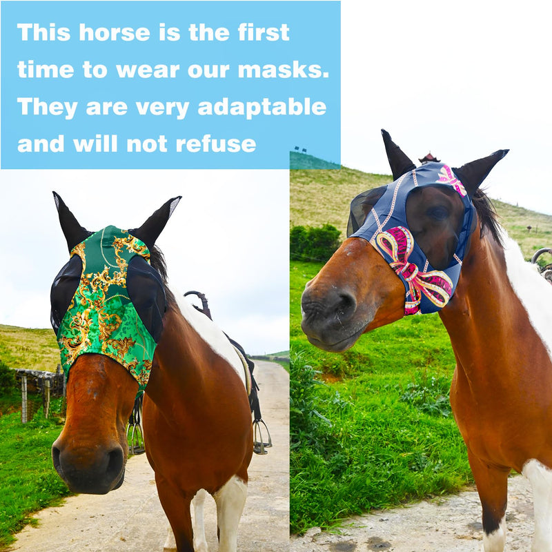 Super Comfort Fly Marsks for Horses of 2pcs Set-Horse FlyMask with Ears- Elasticity Fly Mask with UV Protection（Size：L 2 pcs