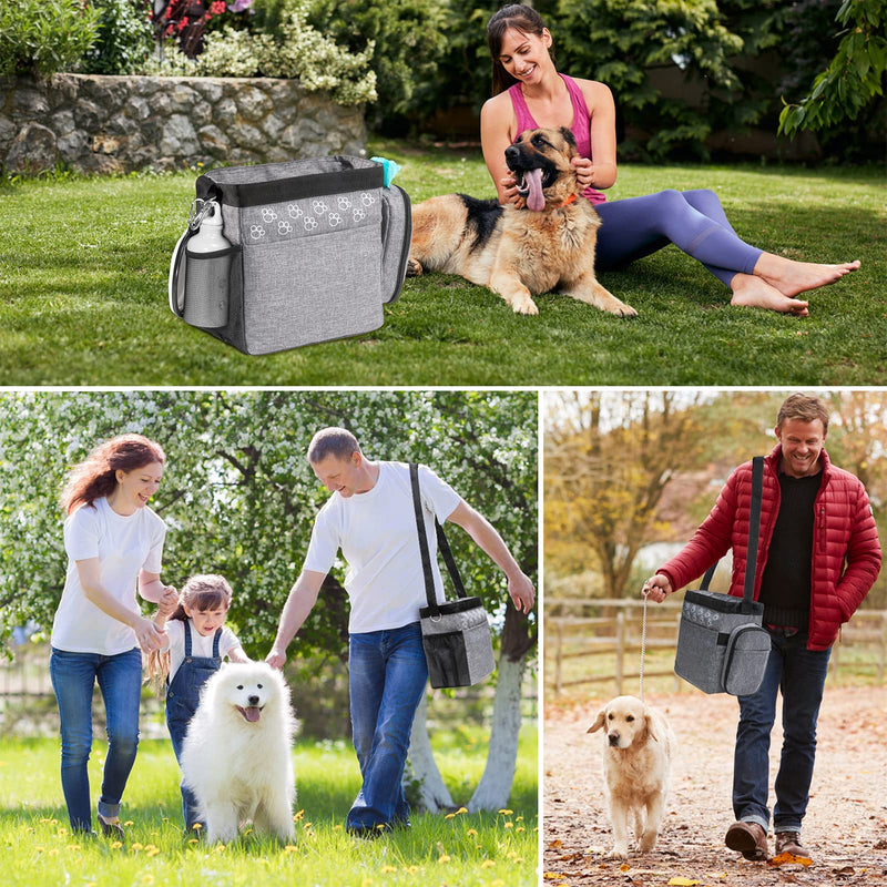 Dog Travel Bag with Treat Pouch, Airline Approved Dog Bags for Traveling, 2 Dog Food Travel Container, 2 Travel Bowls, Weekend Dog Travel Bag for Supplies, Dog Travel Kit Accessories Small Grey
