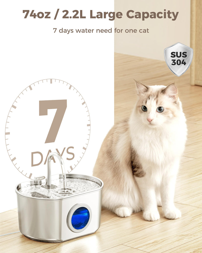 Cat Water Fountain Stainless Steel: 74oz/2.2L Cat Fountain for Drinking- Pet Water Fountain Inside - Automatic Dog Watering Dispenser Bowl - Pet Feeding & Watering Supplies - Water Level Window 74oz Cat Fountain + 1 Filter - PawsPlanet Australia