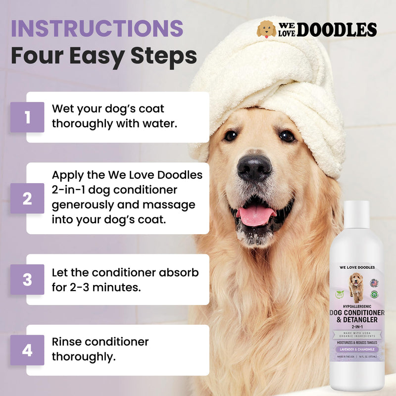 We Love Doodles Dog Conditioner & Grooming Set- 2-in-1 Lavender and Chamomile Conditioner for Allergies & Itching, Removes Tangles & Matts, Dematting Pet Combs, Detangler for Matted Hair