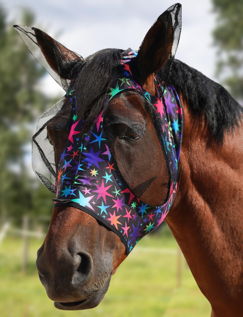 Harrison Howard Stretch Fly Mask with Forelock Opening and Patterns Comfortable Breathable Snug Fitting Horse Fly Mask Luminous Stars L