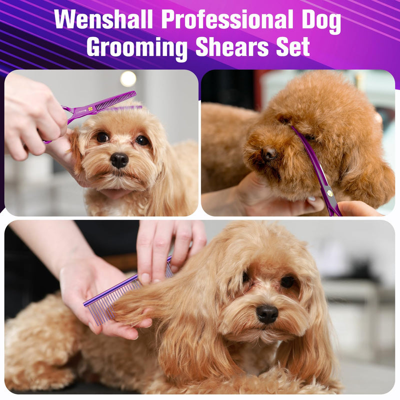 Professional Dog Grooming Scissors Set - 6.5" Thinning, 7" Straight, 7" Up-Curved, 7" Down-curved Scissors and Comb for Dog Cat Pet (Purple) Purple - PawsPlanet Australia