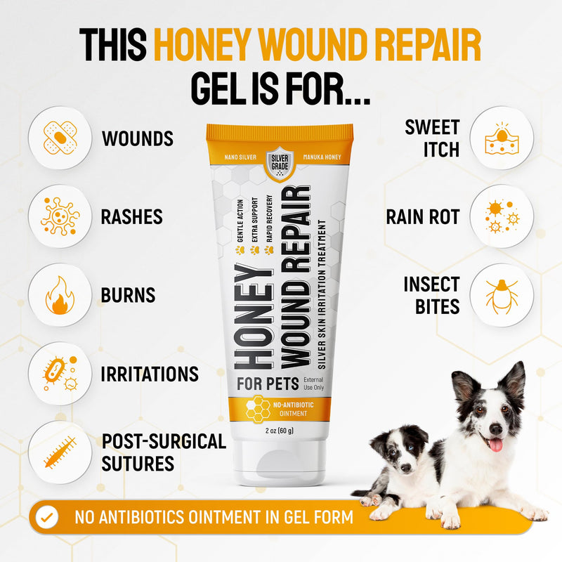 SILVER GRADE Dog Wound Care with Manuka Honey & Colloidal Silver for Scratches & Skin Irritations – Cat & Dog Hot Spot Treatment Gel Works as Honey Rapid Wound Repair for Horses – for All Pets – 2-Oz Honey Gel for Pets