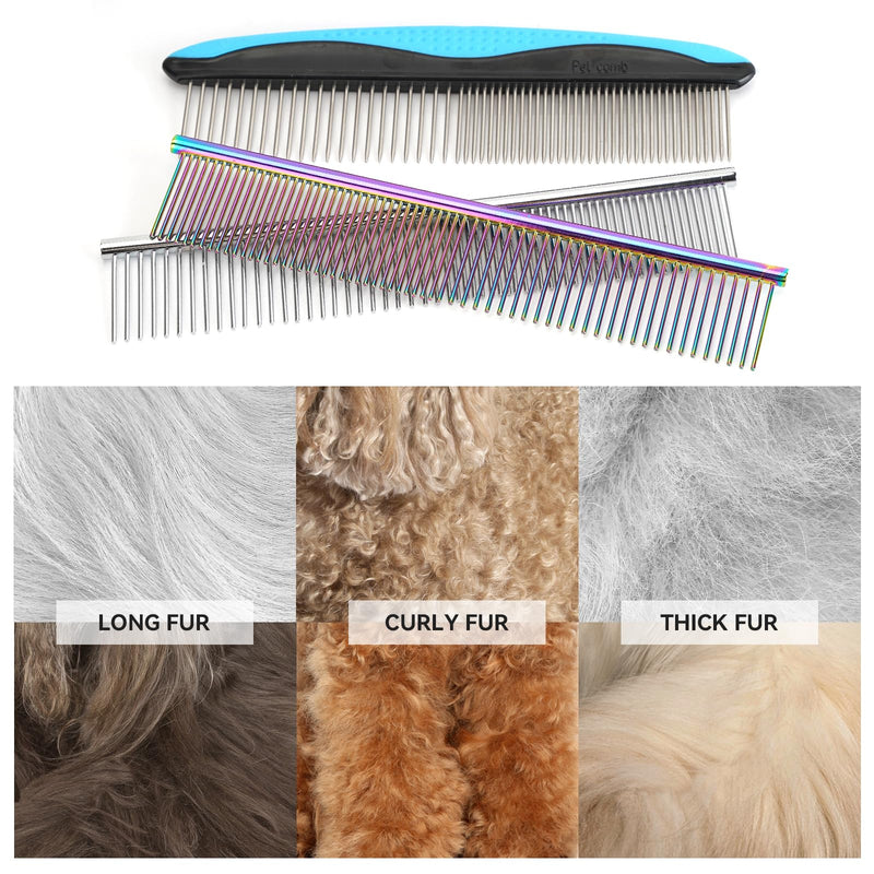 3 PCS Dog Combs for Grooming Matting, Pet Grooming Tools, 2 in 1 Dog Combs with Rounded Ends Stainless Steel Teeth, Cat Comb for Removing Tangles and Knots, Pet Comb, metal comb for dogs, 7.4IN/1.3IN Stainless Steel*3 - PawsPlanet Australia