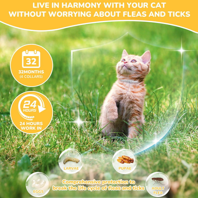 4 Pack Natural Flea Collar for Cats,Cat Flea and Tick Treatment,32 Months Protection Flea and Tick Prevention for Cats,Waterproof Cat Flea Collar,Adjustable Cat Flea and Tick for Kittens & Adult Cat