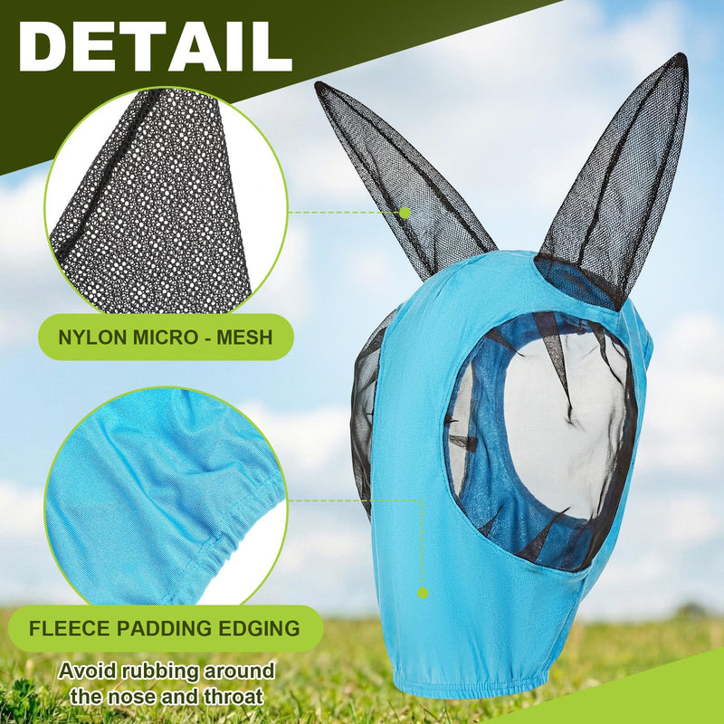 Mini Donkey Fly Mask with Ears Protection, Stretchy Mule Mask with Big Mesh Eye Covers, Soft on Skin, Comfortable Breathable Protection from Insects and Bugs Blue Mini 1