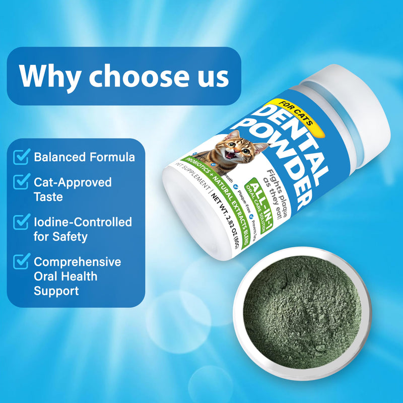 Cat Dental Care Powder Bad Breath Treatment for Cats Teeth, Mouth, Gums & Gut, Plaque Off,Tartar Control, Help Feline Gingivitis and Stomatitis, with Natural Extracts & Probiotics Cat Dental Powder - PawsPlanet Australia