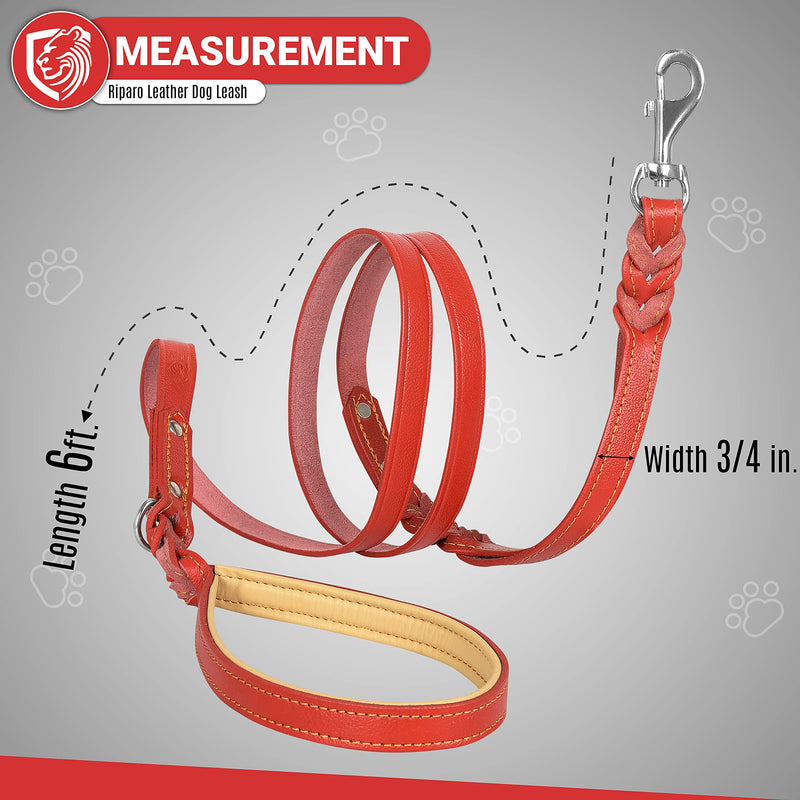 Riparo Leather Dog Leash 6ft with 2 Handles Padded Traffic Handle for Extra Control, Leather Dog Leashes for Large Breed Dogs Training Walking Heavy Duty Leashes for Dogs (Red, L: 3/4" x6ft) Red L: 3/4"x6ft - PawsPlanet Australia