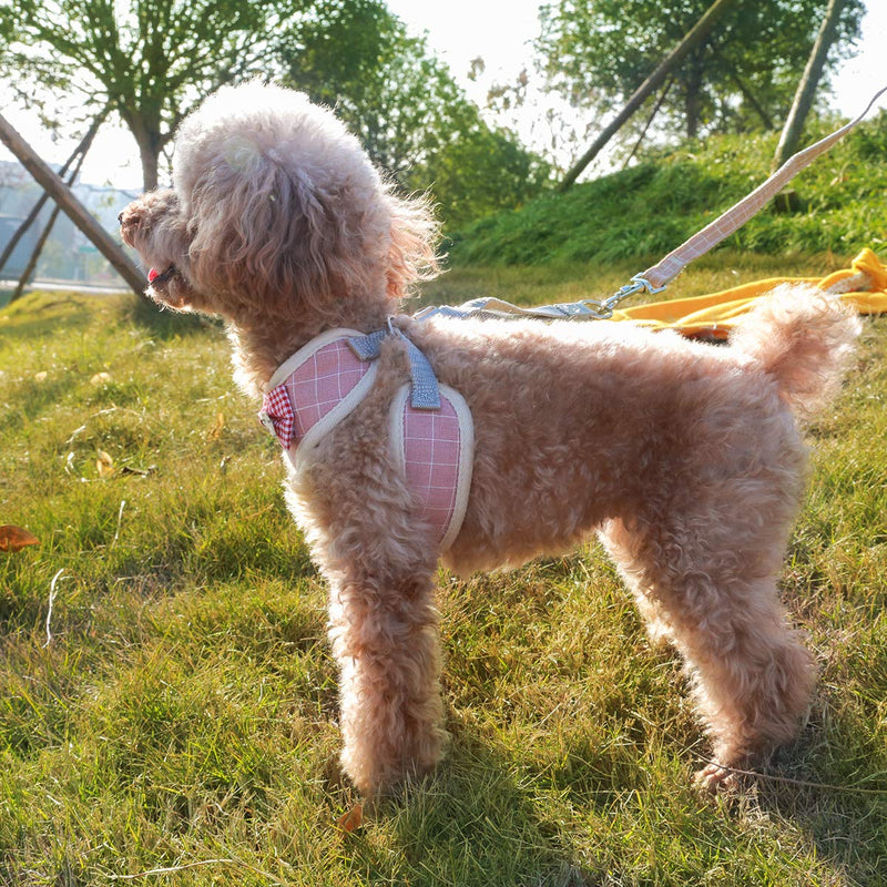 voopet Puppy Harness Easy to Put On & Take Off Step in Dog Harness, Puppy Soft Padded Mesh Front Vest with Leash, Adjustable Pets No-Pull Walking Harness with Cute Bows for Small Dogs and Cats Medium (2 Piece Set) Pink Plaid - PawsPlanet Australia