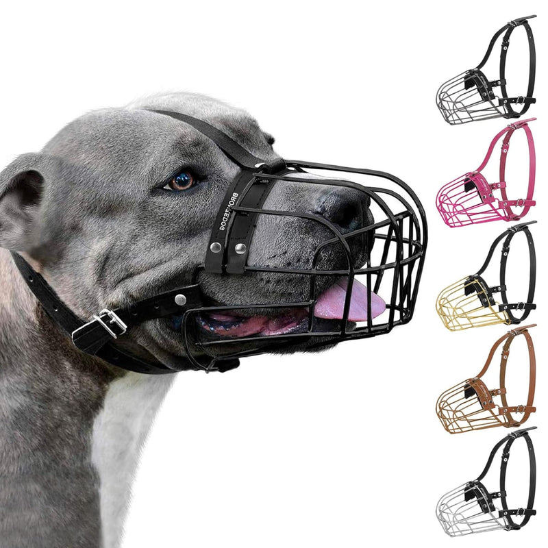 BRONZEDOG Pitbull Dog Muzzle Metal Mask Amstaff Wire Basket Pit Bull Adjustable Leather Straps for Large Dogs (Black) Black