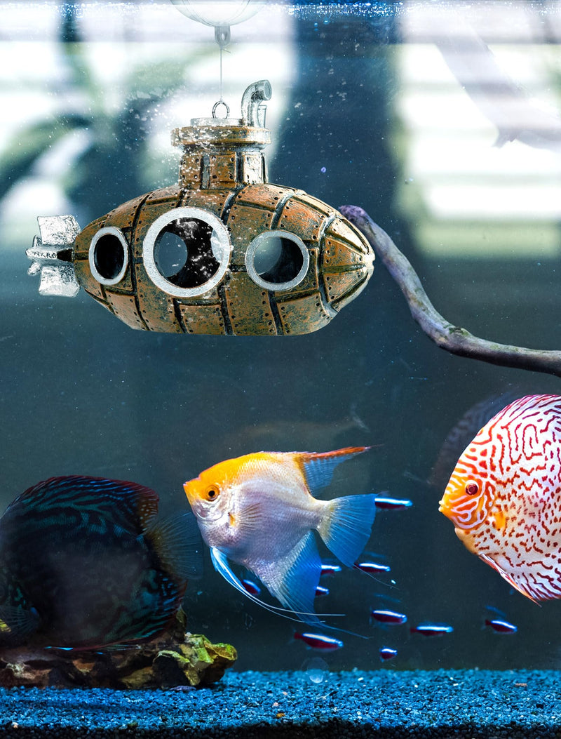 Floating Fish Tank Decoration, Little Cute Retro Submarine Aquarium Decoration with Two Float Balls , Resinous Fish Tank Accessorie, Safe Fish Toy for Betta Cichlid Goldfish Shrimps Hermit Crabs Floating submarine 4.9'' - PawsPlanet Australia