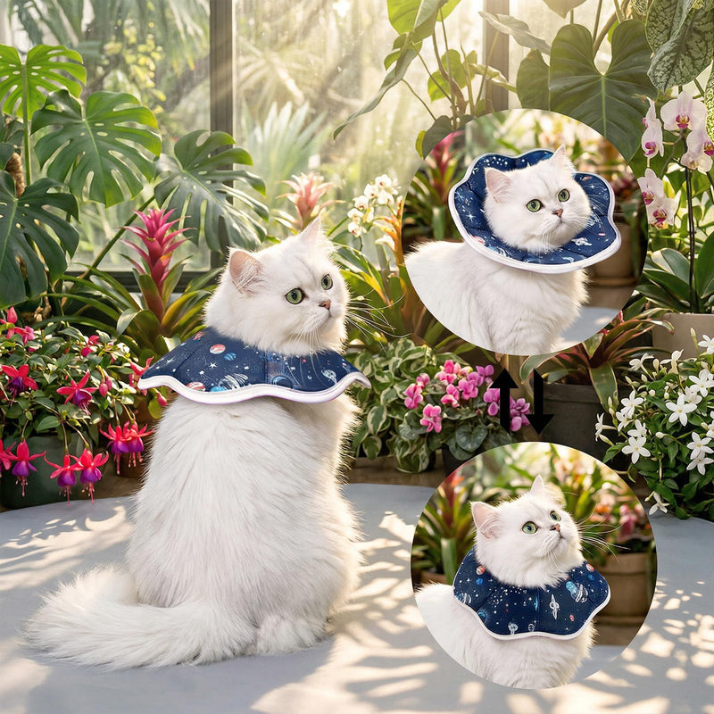Soft Cat Cone Collar for Cats - Adjustable Recovery Cone After Surgery, Comfortable Elizabethan Collar to Stop Licking for Kittens & Puppies, Polyester, Blue with Space Print (M,10.63 in)