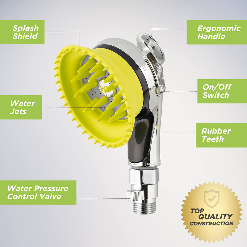 WD Handheld Shower Brush with On/Off Switch and Water Pressure Control | Shield Water While Brushing and Washing Simultaneously | Dog Washing Shower Attachment Deluxe - PawsPlanet Australia
