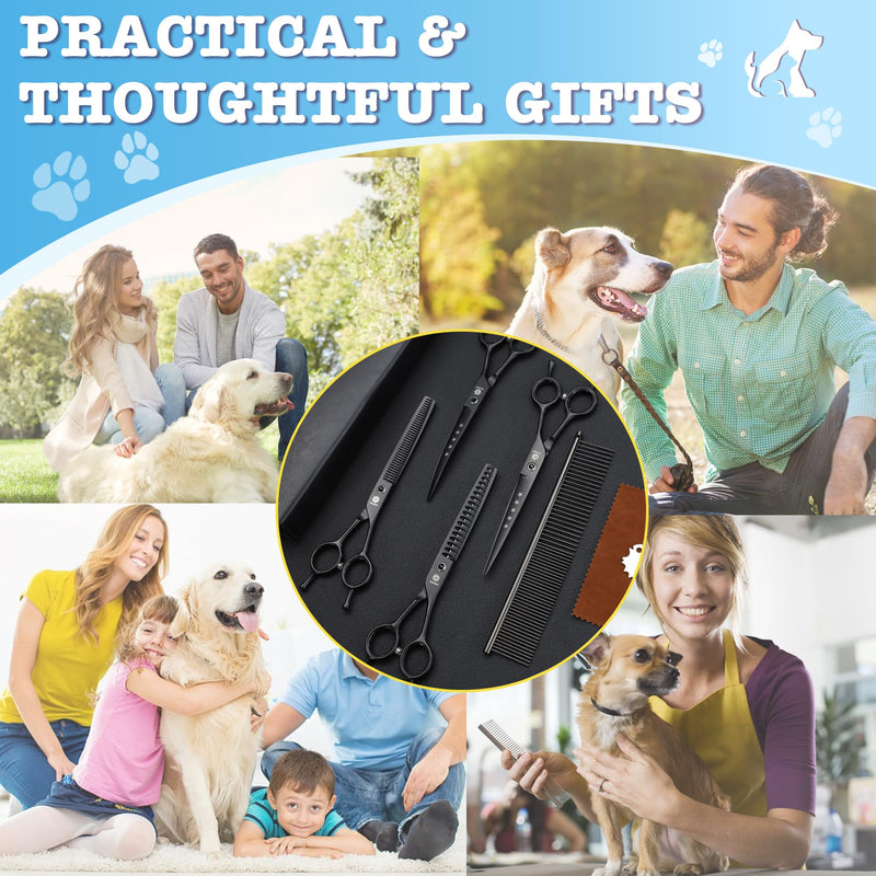 Dream Reach Dog Grooming Scissors - 7 Inch Professional 6 in 1 Pet Grooming Kit Sharp and Durable Shears Set Thinning, Chunker, Straight, Curved Shears and Comb for Dog Cat Pet, Black 7Inch-Set-Black - PawsPlanet Australia