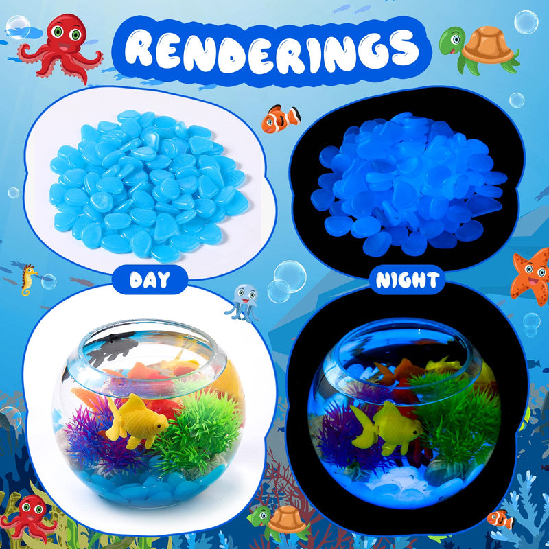 Jexine 100 Pcs Fish Tank Rocks Glow Blue, Fish Tank Stones Accessories Gravel with 10 Pack Artificial Aquatic Plants Fish Tank Plants Plastic Coral Reef Decorations for Aquariums - PawsPlanet Australia