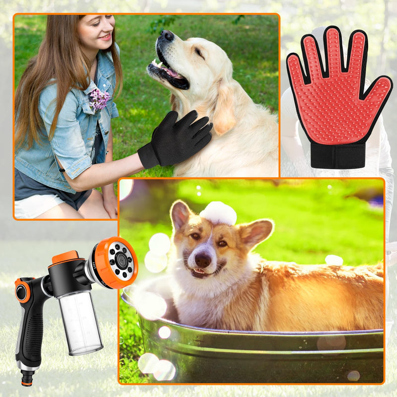 Upgrade Dog Washing Hose Attachment with Replacement Soap Bottle, 8 Spray Patterns Dog Wash Hose Attachment with Dog Washing Gloves, Suitable for Watering Plant, Patio, Cleaning, Showering Pet Orange-2 - PawsPlanet Australia
