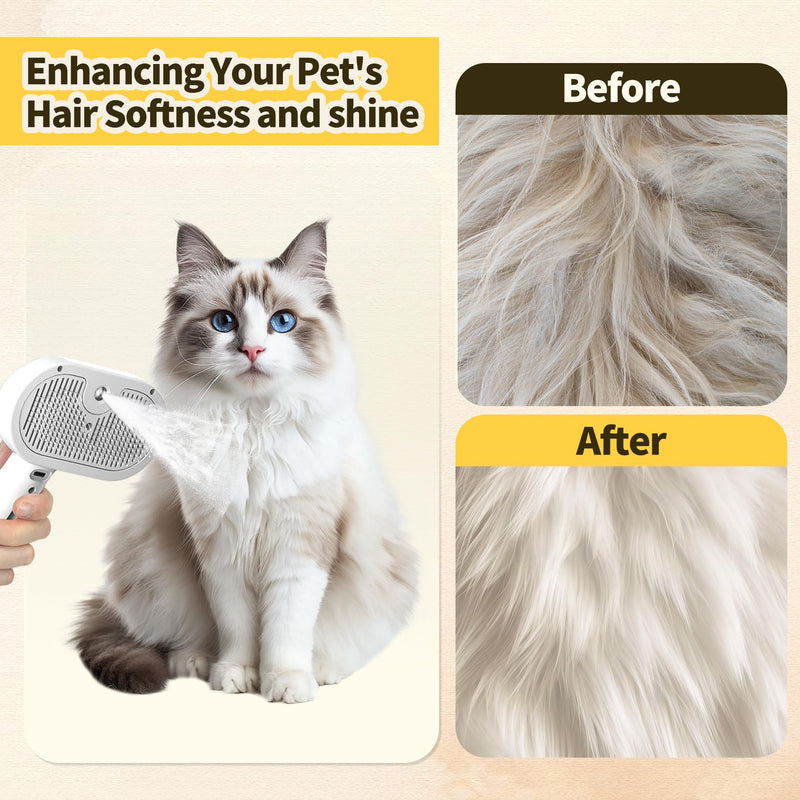 Cat Steam Brush, Pet Steam Brush for Dog & Cat, 3 in 1 Anti-Static Self Cleaning Spray Comb for Cats Dogs Small Animals Long Short Haired White - PawsPlanet Australia