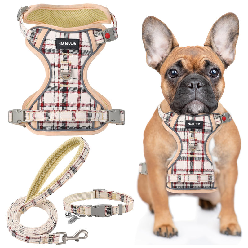GAMUDA Dog Harness Collar and Leash Set, Dog Harness, No Chock No Pull Adjustable Vest Harnesses Plaid Reflective for Medium Dog, Cat, Small Horse, Small Bull and Pig (Beige, S) Beige