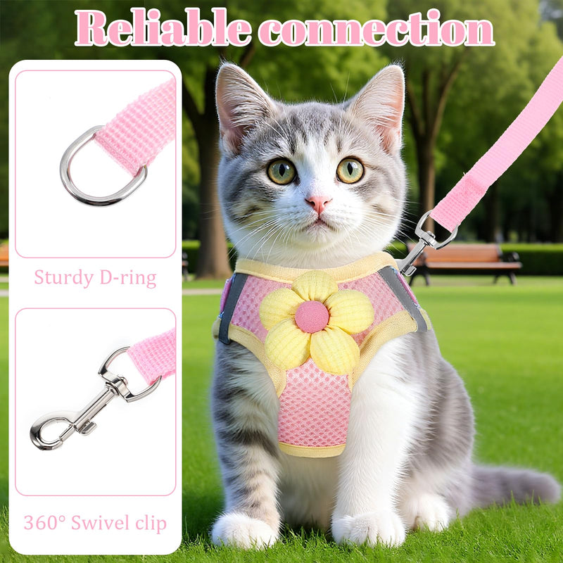 Cat Harness and Leash Set - Escape Proof Soft Adjustable Vest Harnesses for Small Cats, Kitten Harness with Reflective Strips, Pink Flower Design - PawsPlanet Australia