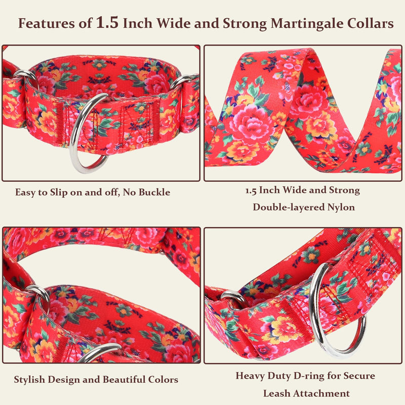 Martingale Dog Collar 1.5” Width – Heavy Duty Adjustable Training Collar with Stylish Red Floral Design – Secure Fit for Medium & Large Dogs – Perfect for Walking, Hunting & Outdoor Adventures M 7 M Neck 15-20" - PawsPlanet Australia