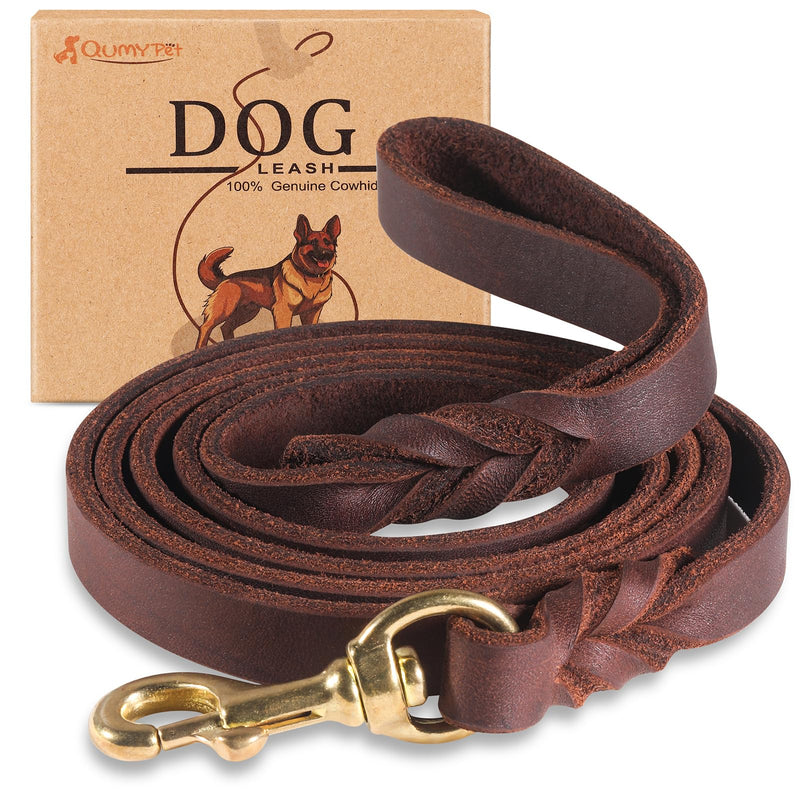 QUMY Leather Dog Leash 6ft, Heavy Duty Dog Training Leash for Large and Medium Dogs, Soft and Strong Genuine Leather Braided Handmade Long Lead Leash for Dog Training, Brown