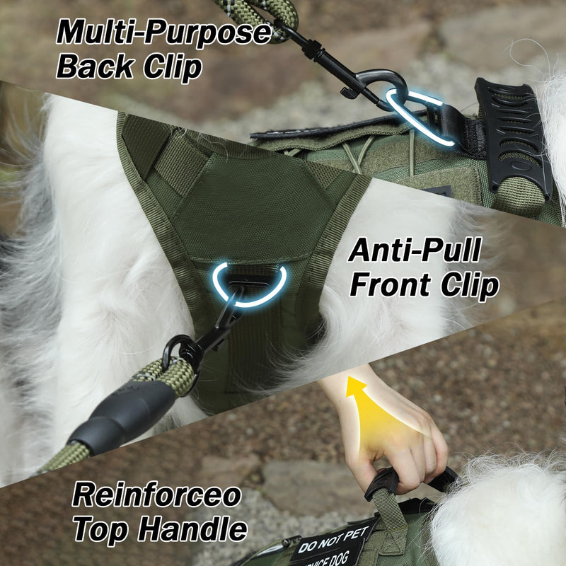No Pull Tactical Dog Harness for Large Dogs, Escape Proof Molle Dog Vest Harness and Leash Set, Adjustable Military Service Dog Harness with Handle for Medium Large Dogs(Green, M) Green - PawsPlanet Australia