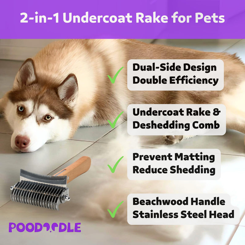 2 in 1 Undercoat Rake for Dogs and Cats, Professional Grooming Brush Dematting & Shedding Comb to Remove Loose Hair, Matted Fur Efficiently, Perfect for Poodle, Doodle & All Long Haired Pets Wood - PawsPlanet Australia