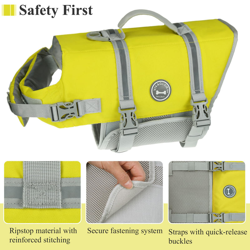 VIVAGLORY Ripstop Dog Life Jacket for Small Medium Large Dogs Boating, Dog Swimming Vest with Enhanced Buoyancy & Visibility, Yellow Grey S: 17-21 inch (Ribcage Girth) - PawsPlanet Australia