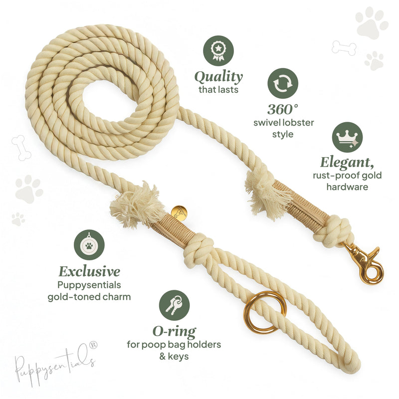 Braided Cotton Rope Dog Leash for Medium & Large Dogs – Enjoy Tangle-Free Walks with Soft Comfortable Grip & Reliable Control – Durable for Daily Walks, Training & Special Moments - Warm Cream - PawsPlanet Australia