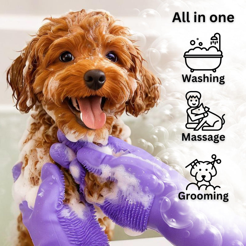 Dog Shampoo Gloves for Bathing – Silicone Dog Washing Gloves with Bristles – Pet Hair Removal Glove for Dogs & Cats – Puppy Essentials – Dog Grooming Supplies & Accessories – Shampoo Brush for Pets Purple