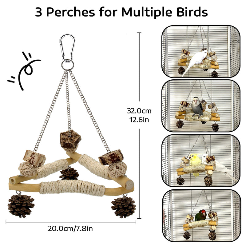 Bird Swing for Cage with Chew Toys, 3 Sisal-Wrapped Parrot Perches & Stable Triangle Design, Wooden Hanging Parakeet Toys Swing for Cockatiel Lovebirds Conures Quaker Balance Training - PawsPlanet Australia