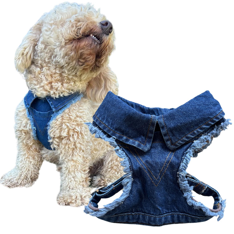 Dog Harness for Small Dogs, Cat Harness, Handmade Adjustable Vest, Denim Dog Collar, No Pull Harness, Cotton Adjustable Vest, Small Dog Collar, Denim Dog Vest (S) S - PawsPlanet Australia