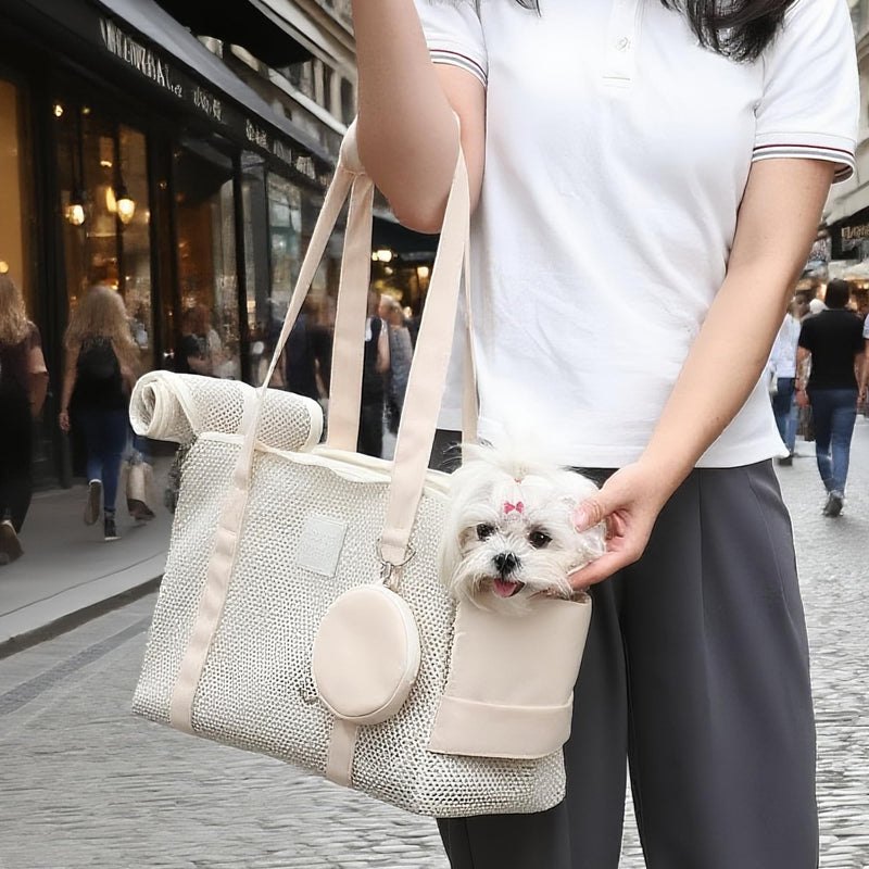 Pet Breathable Mesh Tote Bag, Pet Hands-Free Shoulder Bag,Dog and Cat Lightweight and Comfortable Pet Shoulder Bag, Pet Carrier Purse for Small Dog Cat（Can Hold 10 Pounds） Beige - PawsPlanet Australia
