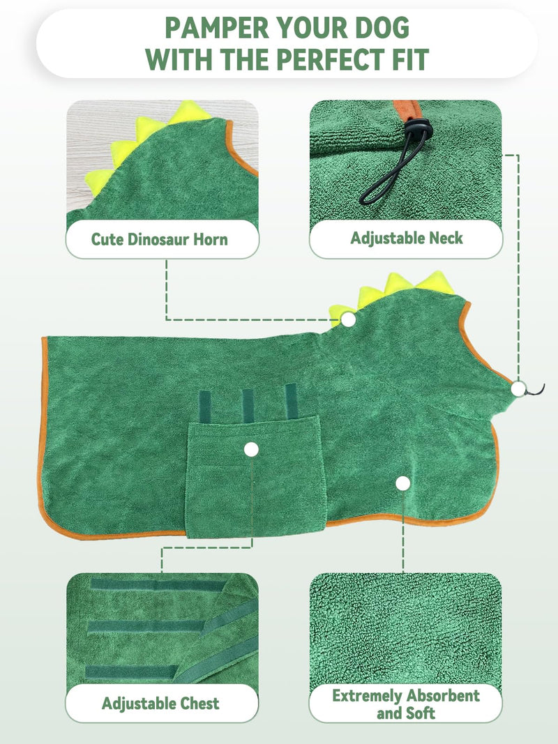 JOLOVE Dog Drying Coat Super Absorbent Dog Towels for Drying Dogs for After Bath Soft Dog Drying Towel Adjustable Dog Bathrobe for Bath, Swim, Wet Walk (Green Dinosaur, L) Green Dinosaur - PawsPlanet Australia