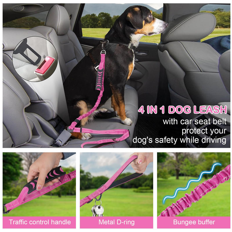 Tactical Dog Leash Heavy Duty, 4-6FT Shock Absorbing Bungee Dog Leash, Reflective Military Strong No Pull Dog Leash with 2 Padded Handle and Car Seatbelt for Medium Large Dogs, Pink - PawsPlanet Australia
