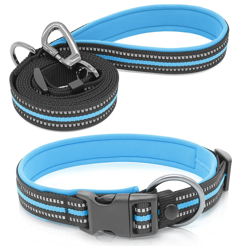 BSEEN Reflective Dog Collar and Leash Set - Adjustable Nylon Dog Collar& Leash with Neoprene Padded, Heavy Duty Dog Collar with 5 Feet Dog Lead for Dog Walking (Blue, Small) Blue