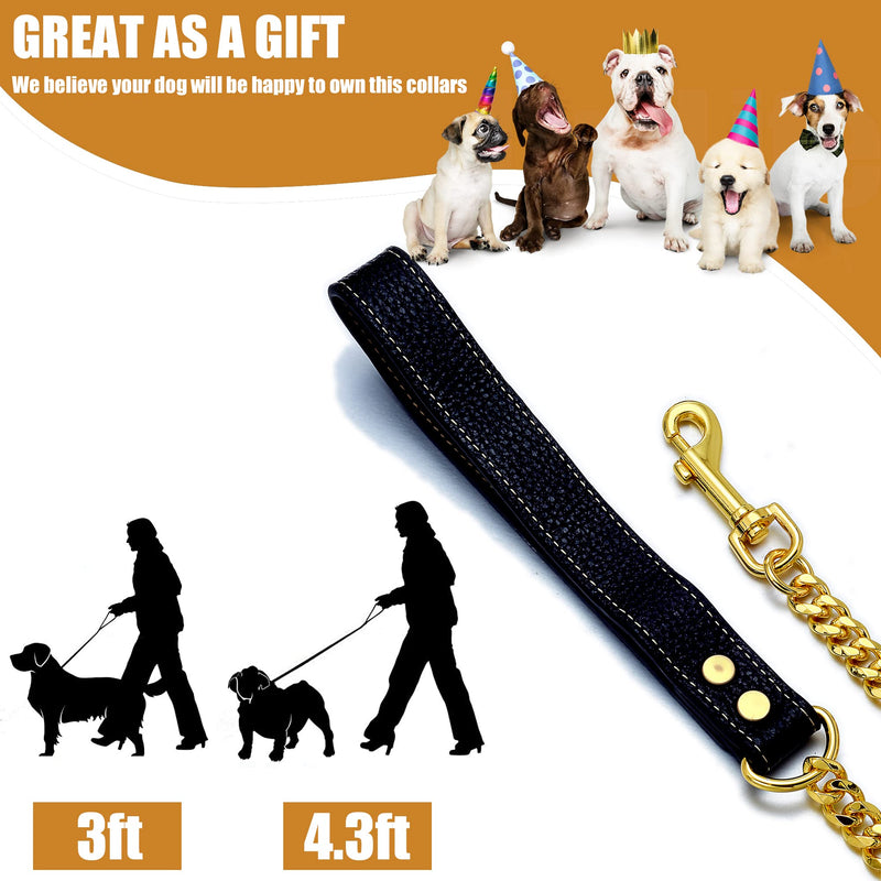 Dog Chain Leash Gold Dog Leash 4FT 18K Gold Stainless Steel 10mm Cuban Link Dog Leash with Comfortable Genuine Leather Handle for Puppy Small Medium Large Dogs(G, 4.3FT) Total Length 4.3FT - PawsPlanet Australia