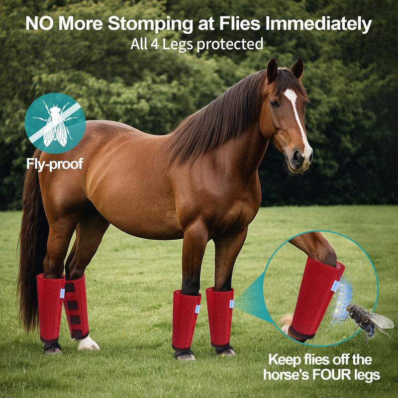 Mesh Horse Fly Boots Set of 4, Loose Fitting Leggings for Horses, Reduce Stressful Stomping, Breathable Adjustable and Universal Fit for 4 Legs, Reliable Stay Put (Red) Red
