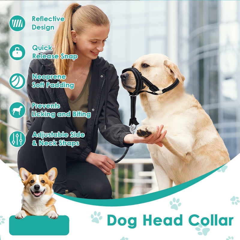 Dog Head Collar, Adjustable Dog Mouth Guard, Reflective Dogs Mouth Harness with Padded Nose Band, No Pull Head Collar Soft Dogs Muzzle for Medium Large Pets (Black, L (Snout: 11.6"-14.8")) Black L (Snout: 11.6"-14.8") - PawsPlanet Australia
