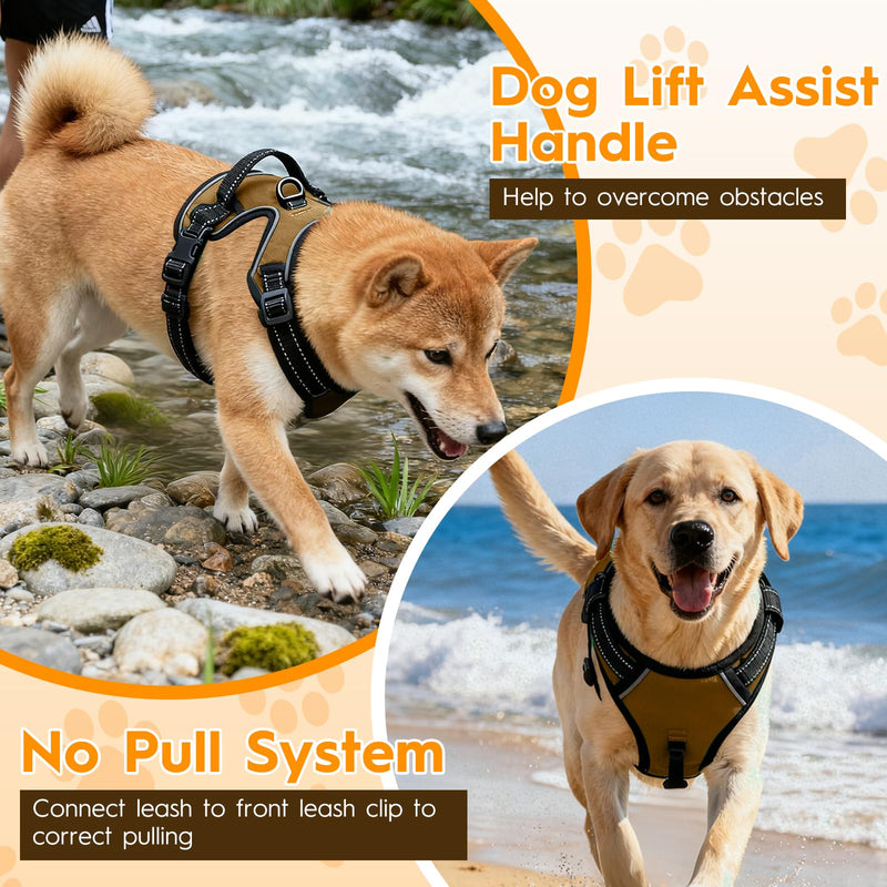 No Pull Dog Harness, No Chock Reflective Adjustable Soft Padded Pet Vest with Easy Control Handle, Easy Wearing with Stylish, Reinforced Knot, 2 Buckles Medium Brown - PawsPlanet Australia